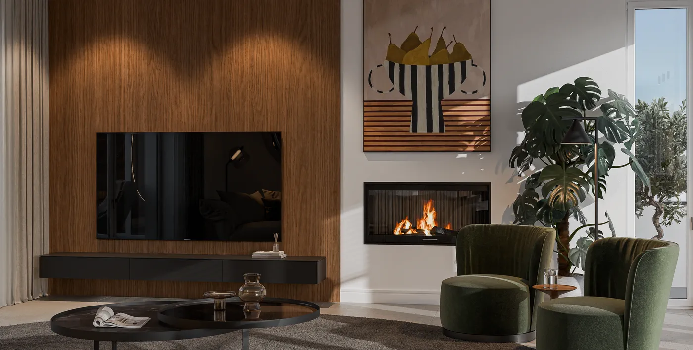 Wohnbereich des Penthouses mit Kamin, Holzlamellenwand und Sitzgruppe.