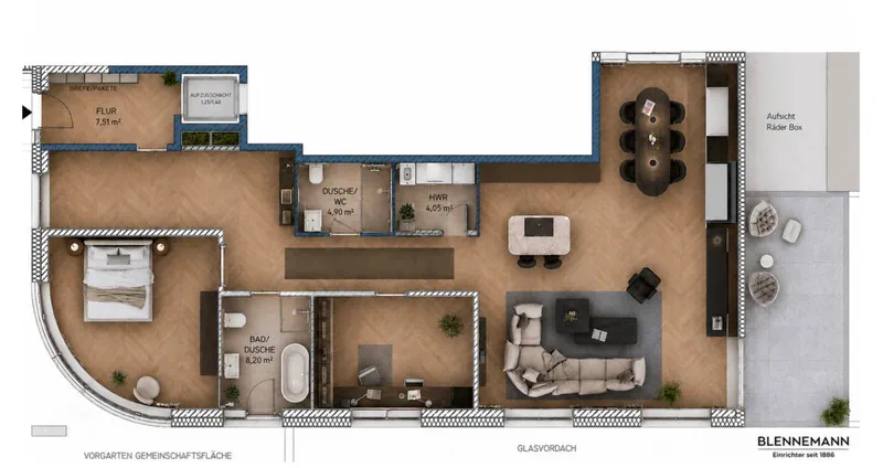 Grundriss der Erdgeschosswohnung: Diele, offener Wohn-, Ess- und Kochbereich, Schlafzimmer mit geschwungener Außenwand und Bad en Suite, weiteres Zimmer, Duschbad und Hauswirtschaftsraum.