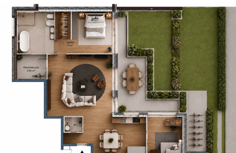 Grundriss der Hanglagenwohnung mit Wohn-, Ess- und Kochbereich, Schlafzimmer, weiterem Zimmer, Privatkeller und angrenzendem Garten.
